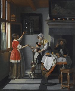 Intérieur avec un enfant nourrissant un perroquet - Pieter de Hooch