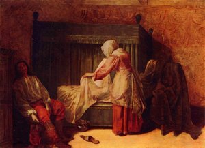 Soldat tirant une botte et femme faisant un lit