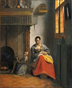 Femme allaitant un nourrisson, avec un enfant et un chien - Pieter de Hooch