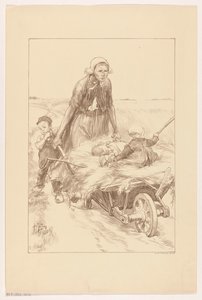 Paysanne poussant une brouette de foin avec deux enfants