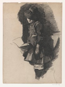 Fille debout avec un chapeau, lisant un livre