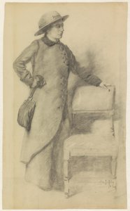 Dame debout avec chapeau et manteau