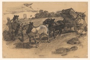 Attelage de trois chevaux pour une charrette sur un champ en pente à Limbourg - Pieter de Josselin
