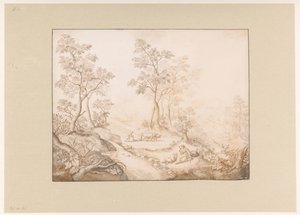 Paysage boisé avec femme, homme et un fermier