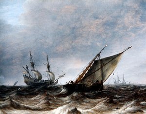Un smalschip et un vaisseau de guerre dans une mer agitée - Pieter the Elder Mulier
