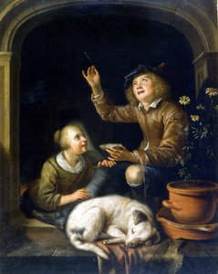 La bulle de savon. Peinture de Pieter Corneliszoon van Slingelandt (1625 - 1691). Milan Museo del Castello. - Pieter van Slingelandt