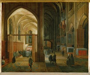 Messe du soir dans une église gothique (peinture sur cuivre)