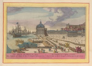 Vue du Palais Royal à Lisbonne et de la cour avec des gens