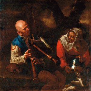 Un paysan jouant de la cornemuse et une vieille femme écoutant avec un chien