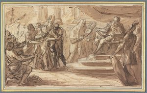 Un évêque est amené enchaîné devant un empereur romain - Pietro Bianchi