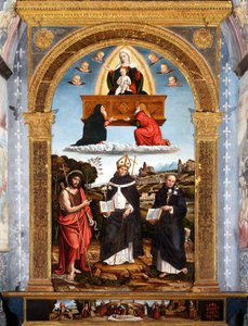 Odigitria Madone avec Saints Jean-Baptiste, Antonin de Florence et Nicolas de Tolentino, signé et daté - Pietro Francesco (1485 1528) Sacchi