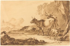 Paysage avec du bétail, une chèvre et un berger au repos