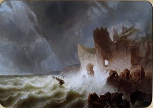 Lido solitaire Paysage marin, avec navire pris dans la tempête, et échoué sur les falaises - Pietro Giuria