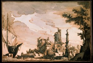 Port maritime, décor de scène pour une pièce de théâtre, 1818