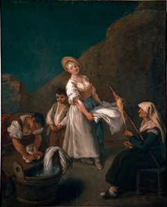 Jeunes femmes lavant le linge dans les bacs, une femme âgée à droite file de la laine. Peinture de Pietro Longhi (1702-1785) vers 1740. Venise, Ca