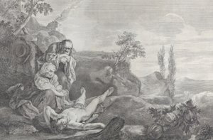 Adam et Ève à gauche, en couple âgé, pleurant sur le corps d