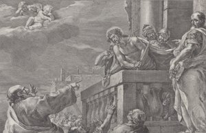 Christ sur un balcon entouré de gardes, Pilate se tient à droite en faisant un geste