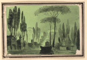 Décor de scène, escaliers entre les tombes