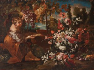 Une fille parmi les fleurs et les fruits