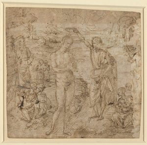a) Le baptême du Christ ; b) Personnage drapé tenant un livre et Homme maniant une hache avec un personnage, vers 1475 (plume et encre brune)