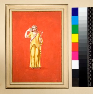 Figure féminine en jaune, arc et flèche dans la main droite
