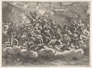 Rassemblement de divers dieux olympiens et figures mythologiques parmi les nuages, Apollon au centre..., vers 1680