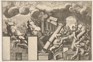 Géants écrasés par des rochers et les colonnes tombantes du temple, nuages de fumée au-dessus... - Pietro Santi Bartoli