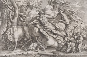 Io à gauche en vache, Jupiter sur un nuage au centre et Junon à droite avec paon, 1650-90 - Pietro Santi Bartoli