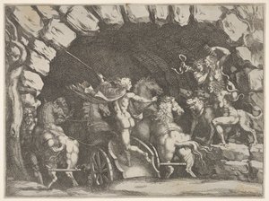 Pluton, vu de dos, entrant dans les Enfers sur son char, Cerbère et trois Furies..., vers 1680 - Pietro Santi Bartoli