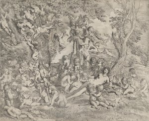 Le Jardin de Vénus qui repose au centre devant un hermès de Pan et entourée..., vers 1631-37