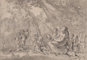Le jardin de la charité, femme représentant la Charité à droite entourée d