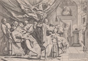 Le suicide du philosophe Caton, qui est allongé sur son lit en train de se retirer les entrailles, observé par..., 1648