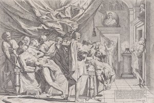 Le suicide du philosophe Caton, qui est allongé sur son lit en train de se tirer les entrailles, observé par..., 1648