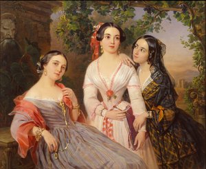 Portrait des sœurs Comtesse Elizaveta Salias De Tournemire, Sophia Sukhovo-Kobylina et Eudokia Petrovo-Solovovo, 1847 - Pimen Nikitich Orlov