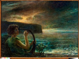 Pleine lune, hommage à une divinité féminine, jouant de la lyre dans un paysage marin avec ciel orageux