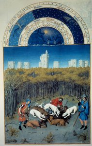 Décembre: scène de chasse. En arrière-plan vue de Vincennes. Miniature flamande de Pol De Limbourg (15ème siècle) du manuscrit Les Très Riches Heures du Duc de Berry - Pol de Limbourg