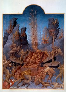 Enfer. Les diables actionnent des soufflets pour attiser le feu, brûlant les damnés et leur infligeant divers tourments. Miniature dans "Les très riches heures du duc de Berry" - Pol de Limbourg