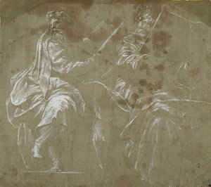 Deux prophètes barbus assis, tenant des livres ouverts - Polidoro da Caravaggio