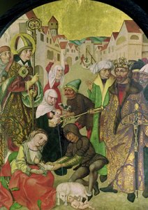 Saint Stanislas (1030-79) regardant la punition des épouses infidèles ordonnée par le roi Boleslas II (1039-81) panneau du Retable de Saint Stanislas - Polish School
