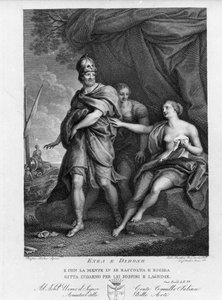 Énéide de Virgile (70 av. J.-C.-19 av. J.-C.), Livre IV, le héros troyen Énée abandonne Didon qui se suicide désespérée. Gravure d