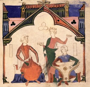 Fol.4r Musiciens jouant des castagnettes et un psaltérion, du Chansonnier des Nobles - Portuguese School