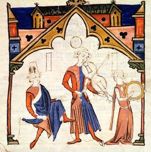 Fol.6r Musiciens jouant de la viole et du tambourin, du Chansonnier des Nobles - Portuguese School