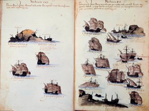 Page de manuscrit « Mémoriaux des armadas du Portugal sous le roi Manuel I » représentant les flottes portugaises. 1523 B.N. Paris