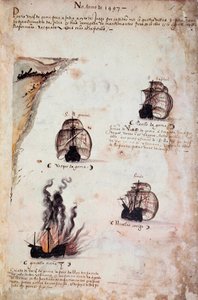 Page de manuscrit "Mémoires des armadas du Portugal sous le roi Manuel I (1469-1521)" représentant les flottes portugaises de l