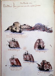 Page de manuscrit « Mémoires des armadas du Portugal sous le roi Manuel I (1469-1521) » représentant les flottes portugaises de l
