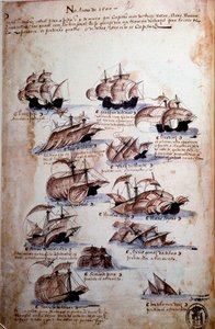 Page de manuscrit « Mémoires des armadas du Portugal sous le roi Manuel I (1469-1521) » représentant les flottes portugaises de l