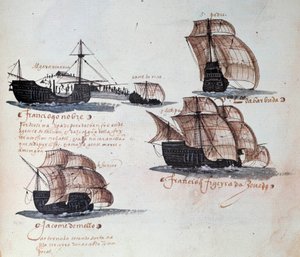 Mémoires des Armadas du Portugal sous le roi Manuel Ier (1469-1521) : représentation des caravelles de la flotte portugaise. Miniature d