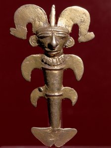 Art précolombien, civilisation quimbaya (Colombie) : pendentif anthropomorphe en or. 400-1400 apr. J.-C. Bogota, Musée de l