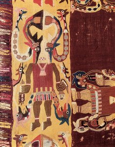 Civilisation précolombienne : officiant cérémoniel portant un masque. 300-100 av. J.-C. Tapisserie d