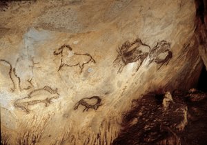 Préhistoire : Bison et Chevaux Peinture rupestre du Paléolithique supérieur (Magdalénien) (13000 ans) Âge de pierre Grotte de Santimamine, Guernica, Espagne - Prehistoric Prehistoric